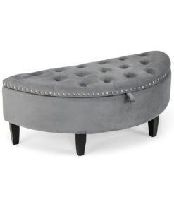 Half Moon Storage Bench Velvet Upholstered Ottoman Bench-Grey