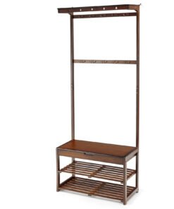 Entryway Storage Organizer with 10 Hanging Hooks and 2-Tier Shoe Shelves-Coffee