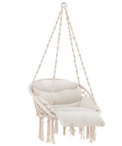 Hammock Chair with Thick Cushion and Macrame for Porch Poolside and Deck-Beige