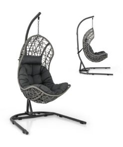 Hanging Egg Patio Wicker Chair with Stand and Cushion-Grey