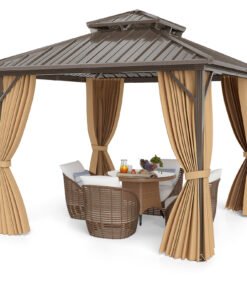 290 x 290 cm Hardtop Gazebo with Netting and Curtain and Double-Roof Metal Top-Coffee