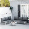 Outsunny 3 Pieces Garden Furniture Sets, 6 Seater Corner Sofa Set with Adjustable Backrest Chase Lounge with Slatted Metal Top Table, Padded Cushion, Grey