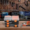 DURHAND Set Of 4 Plastic DIY Tool Storage Boxes w/ Inside Dividers Locking Lids Home Garage Organisation Stacking Arts Crafts Bolts Black Orange