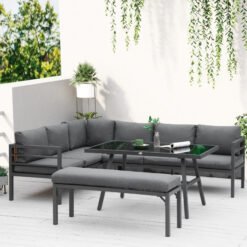 Outsunny4PieceL-shaped Garden Furniture Set 8-Seater Aluminium Outdoor Dining Set Conversation Sofa Set w/ Bench, Dining Table & Cushions,Grey