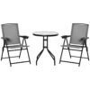 Outsunny 3 Piece Outdoor Bistro Set, Patio Conversation Furniture Set with 2 Folding Backrest Adjustable Armchairs and Glass Top Coffee Table, Grey