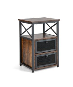Industrial Bedside Nightstand with 2 Flip Drawers and Open Shelf-Rustic Brown