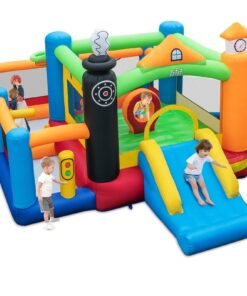 Inflatable Train Themed Kids Bounce Castle with Slide and Basketball Hoop without Air Blower