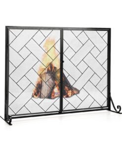 2-Panel Mesh Fireplace Screen with Double Magnetic Doors-Black
