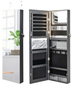 Wall Mounted Door Hanging Jewelry Armoire with Full-Length Mirror and 3-Color Lights-Black