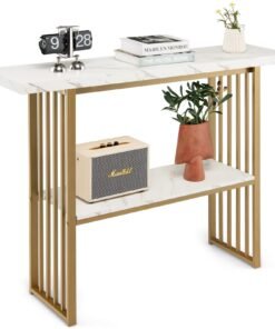 2-Tier Faux Marble Console Table for Entryway Living Room Bedroom-White & Golden