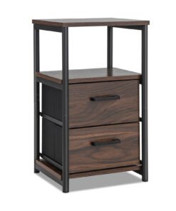 Metal Frame Bedside Table with Open Shelf and 2 Drawers-Rustic Brown