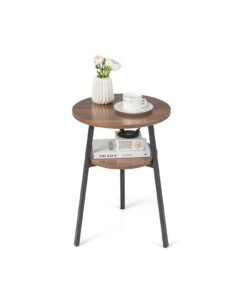 2-Tier Wooden Round Side Table with Storage Shelf-Walnut