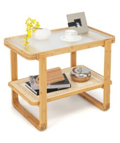2-tier Compact Bamboo Side Table with PE Rattan Shelf