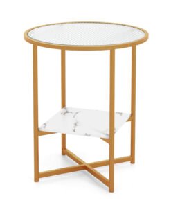 50 x 50 x 60 cm 2-Tier Round Side Table with Faux Marble Storage Shelf-White