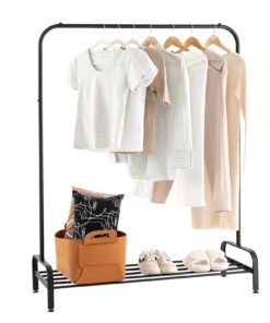 Metal Clothes Stand Rack with Top Rod and Lower Storage Shelf-Black