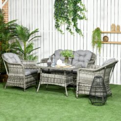 Outsunny Four-Piece Rattan Set, with Glass-Top Table - Grey