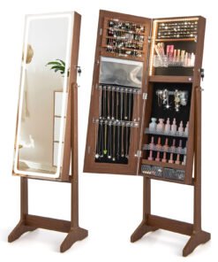 Standing Jewelry Cabinet with LED Lights Lipstick Box and 2 Drawers-Walnut