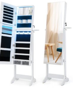 Jewlery Organizer with Inside Makeup Mirror, LED Lights and Hairdryer Mount-White