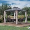 Outsunny 3 x 3 (m) Outdoor Polycarbonate Gazebo, DoubleRoof Hard Top Gazebo withGalvanised Steel Frame, Nettings&Curtains for Garden, Lawn, Patio and Deck, Khaki