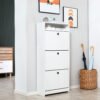 HOMCOM Narrow Shoe Cabinet with 3 Flip Doors, 14-18 Pairs Shoe Cupboard with Open Shelf for Slim Hallway and Entryway, 24 x 60 x 132 cm, White