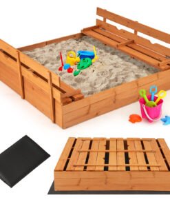 Kids Wooden Sandbox with Cover and Foldable Bench Seats-Natural