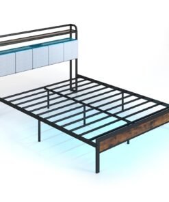 King Size Bed Frame with LED Light and Charging Station-King Size