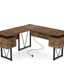 L-shaped Computer Desk with Power Outlets 3 Storage Drawers-Rustic Brown
