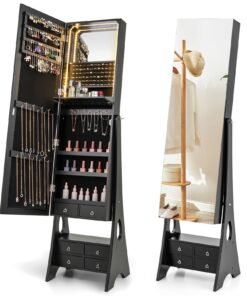 3-Color LED Lighted Jewelry Cabinet with Full-Length Mirror and Adjustable Tilt Angles-Black