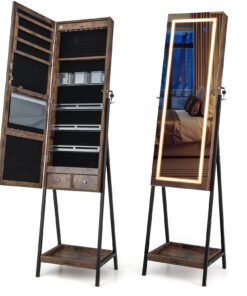 LED Standing Jewelry Mirror Cabinet with 3-Color Lighted Full-Length Mirror-Rustic Brown
