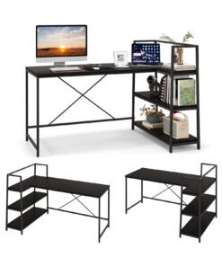 Reversible L-Shaped Computer Desk with Open Storage Shelves-Black