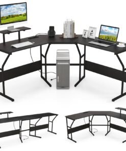 L-shaped Desk Corner Computer Desk with Movable Monitor Stand-Black
