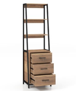Ladder Bookshelf Tall Bookcase with 3 Open Shelves and 3 Drawers-Natural