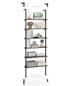 6-Tier Ladder Shelf Wall Mounted Bookshelf with Metal Frame-Oak