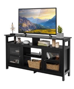 Living Room Console Table for TVs with Wooden Fireplace and 2 Cabinets -Black