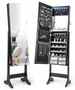 Lockable Jewelry Armoire Organizer with Rimless Full-Length Mirror-Black