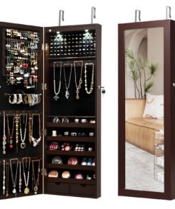 Lockable Jewelry Cabinet with Full Length Mirror and LED Lights-Brown