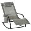 Outsunny Outdoor Garden Rocking Chair, Patio Sun Lounger Rocker Chair with Breathable Mesh Fabric, Removable Headrest Pillow, Armrest, Side Storage Bag, Dark Grey