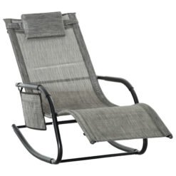 Outsunny Outdoor Garden Rocking Chair, Patio Sun Lounger Rocker Chair with Breathable Mesh Fabric, Removable Headrest Pillow, Armrest, Side Storage Bag, Dark Grey