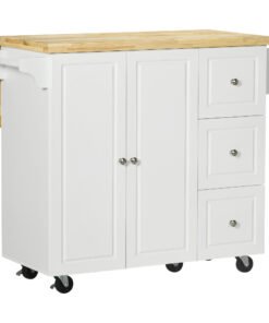HOMCOM Drop-Leaf Kitchen Island on Wheels with Extendable Rubber Wood Worktop, Rolling Kitchen Storage Trolley, Utility Storage Cart with Drawers & Cabinet for Kitchen, Dining & Living Room, White