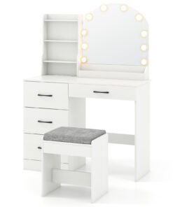 Makeup Vanity Desk with Mirror and Lights Dressing Table and Stool Set-White
