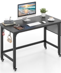120cm Mobile Computer Desk with Storage Bag and 2 Headphone Hooks-Black