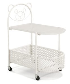 Mobile Glass Coffee Table with Bear Pattern and Storage Basket-White