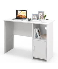 Modern Computer Desk with Cabinet and Cable Holes-White