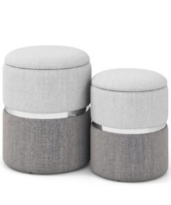 Modern Round Linen Fabric Storage Ottoman Set of 2-Grey