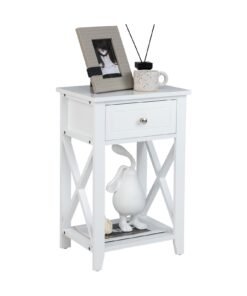 Modern X-Design Nightstand with Drawer and Bottom Storage Shelf-White