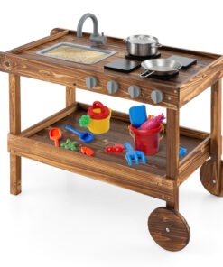 Movable Mud Kitchen with 2 Rolling Wheels and 1 Push Handle-Natural