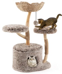 Multi-level Wood Cat Tree Tower Kitten Activity Center with Solid Trunk-Brown