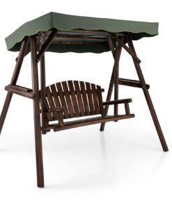 2-Person Wooden Garden Swing Chair with Adjustable Canopy and Side Trays