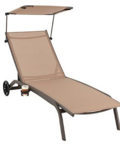 Patio Chaise Lounge Chair with Wheels and Adjustable Canopy-Brown