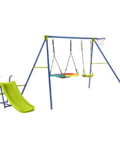 4-in-1 Swing Set Heavy-Duty Metal Playset with Slide and Basketball Hoop